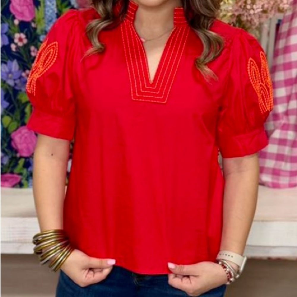 JODIFL Red Embroidered Puff-Sleeve Tunic Top